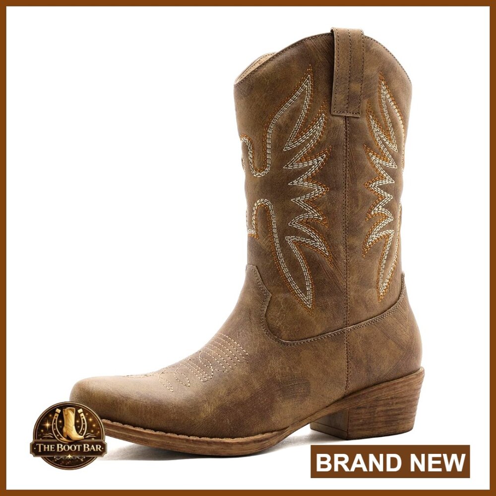 Square Toe Cowboy Boots with Low Heel, Faux Leather